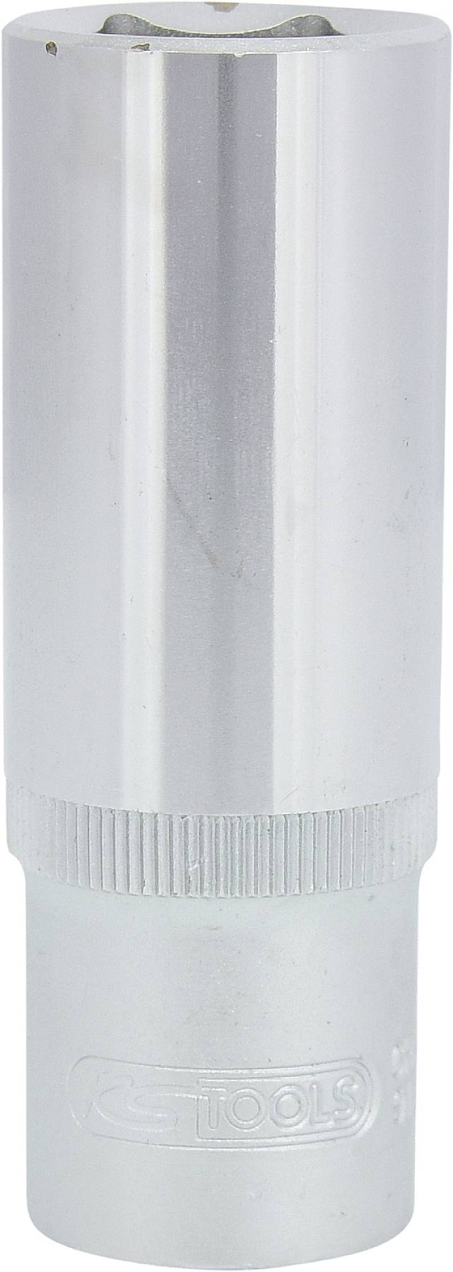 Ein silberner Steckschlüssel mit geriffeltem Griff, geeignet für die Verwendung mit Schraubenschlüsseln zur Befestigung oder Lösung von Muttern.