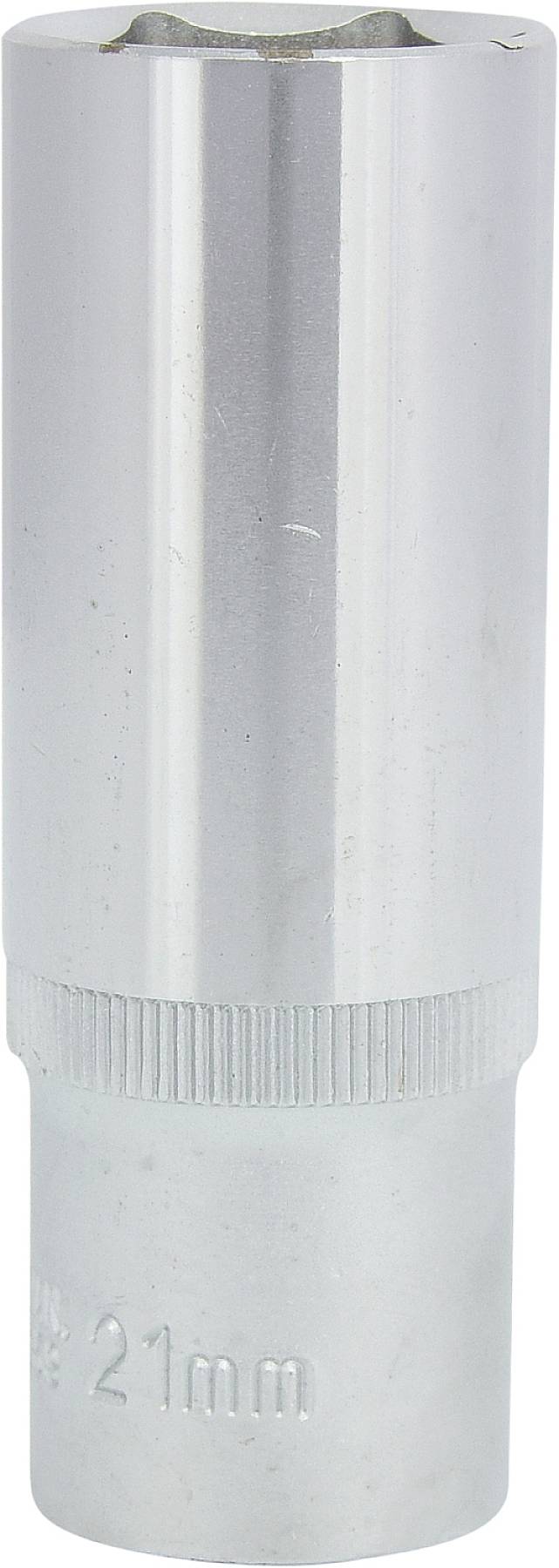 Eine silberne, sechskantige Nuss mit der Aufschrift '21 mm', vermutlich ein Werkzeugteil.