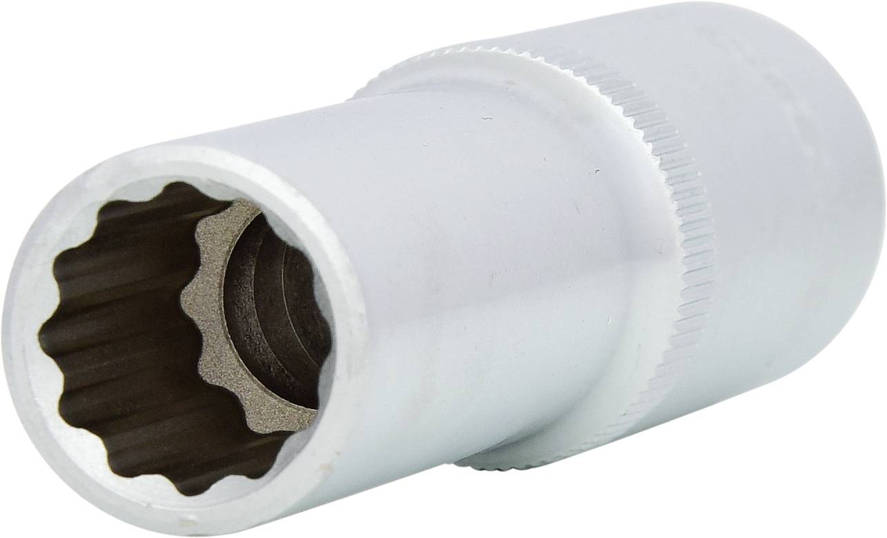 Silberne Stecknuss mit zwölf Zähnen, seitlich liegend. Wird üblicherweise für Ratschen verwendet, um Schrauben und Muttern festzuziehen.