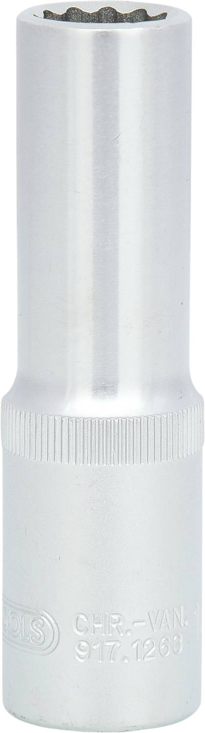 Ein langes Steckschlüsselwerkzeug aus Chrom-Vanadium-Stahl, zylindrisch geformt und für den Einsatz mit einem Ratschenhandgriff konzipiert.