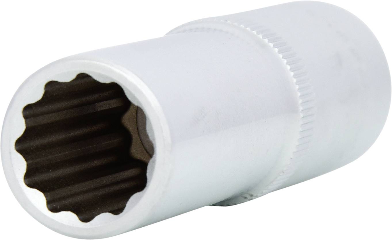 Silberne Stecknuss mit mehreren Innenzackungen, verwendet für Muttern oder Schrauben, seitlich gesehen.