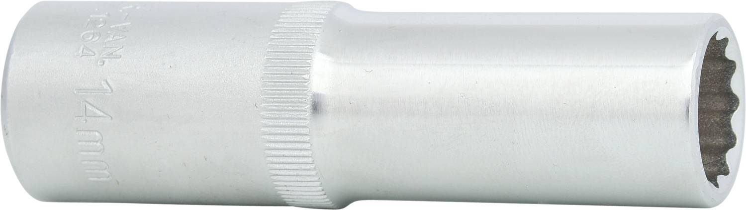 Schraubenschlüsselaufsatz aus Metall, 14 mm, silberfarben, ohne Markierungen. Verwendet zum Anziehen oder Lösen von Muttern und Bolzen.