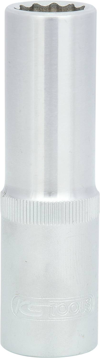 Metallische Stecknuss für Schrauben, zylindrisch mit geriffeltem Griffteil.