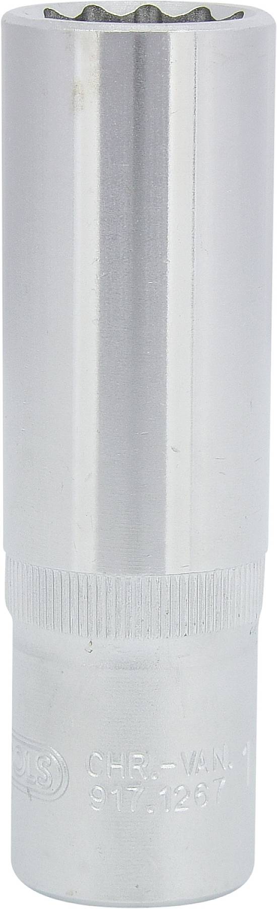 Silberne Sechskant-Stecknuss, hoch, mit geriffeltem Ring an der Basis und geprägten Zahlen zur Größenangabe.