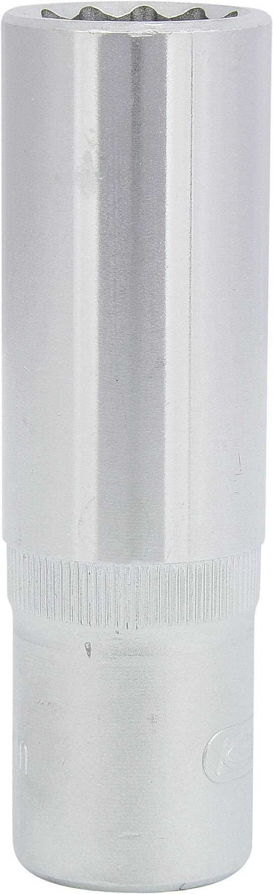 Ein silbernes, zylindrisches Metallwerkzeug mit geripptem Griff, vermutlich ein Steckschlüsselaufsatz.
