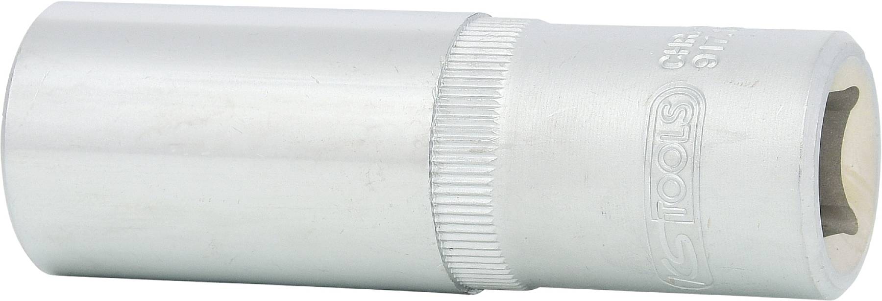 Metallschraubenschlüssel mit matt-silbernem Finish, zylindrischer Form und geriffeltem Ring in der Mitte für besseren Halt.