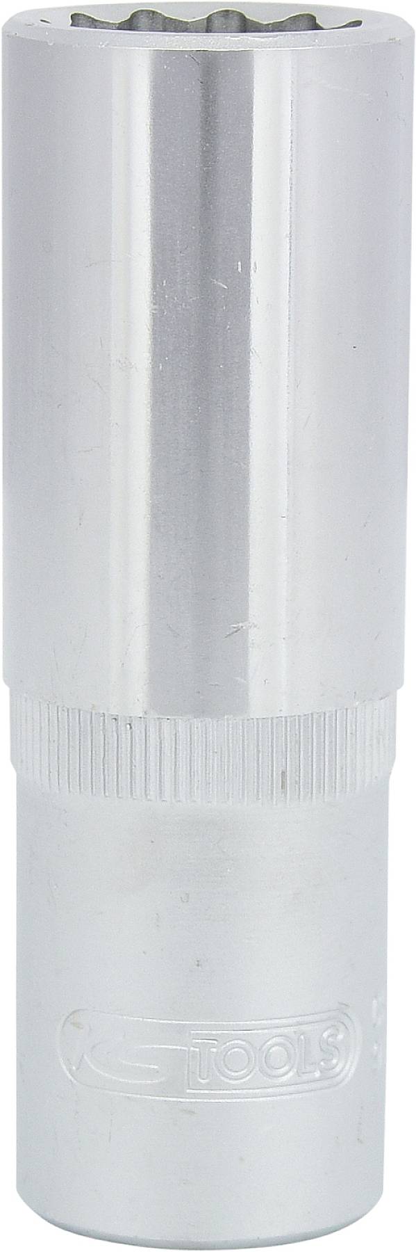 Ein silberfarbener Steckschlüssel, zylindrisch geformt, mit geriffeltem Griff für besseren Halt, wird aufrecht stehend gezeigt.