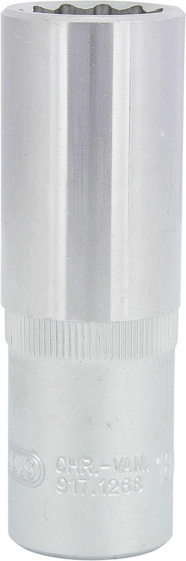 Steckschlüssel-Einsatz aus Chrom-Vanadium-Stahl, zylindrische Form, gerändelte Grifffläche oben.