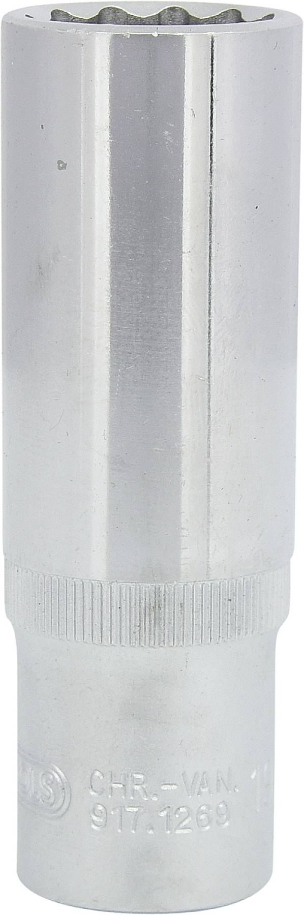 Ein langer, verchromter Steckschlüsselaufsatz, geeignet für die Arbeit mit Sechskantmuttern oder -schrauben.