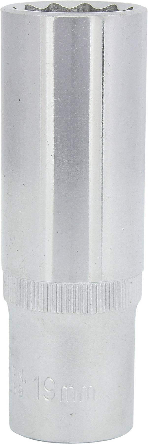 Metallische Stecknuss, zylindrische Form, mit geriffeltem Abschnitt, Aufschrift '19 mm' am unteren Rand.