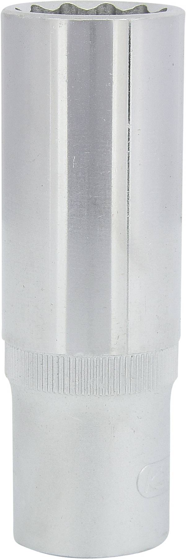Silberner Steckschlüsseleinsatz mit geriffeltem Griff und sechskantiger Aufnahme, geeignet für Schraubarbeiten.