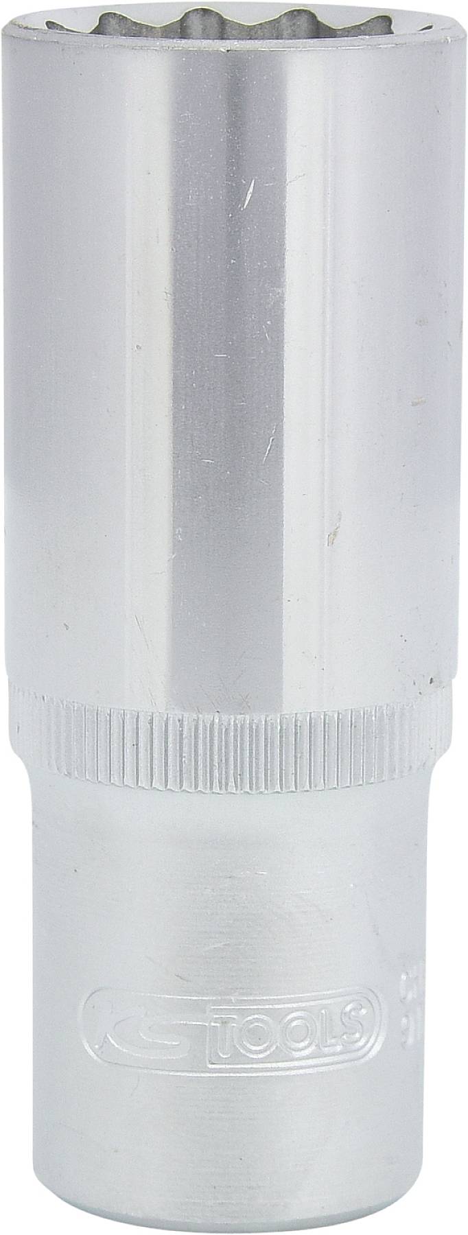 Eine silberne Stecknuss aus Metall mit geriffeltem Griff, verwendet für das Lösen und Festziehen von Muttern und Schrauben.