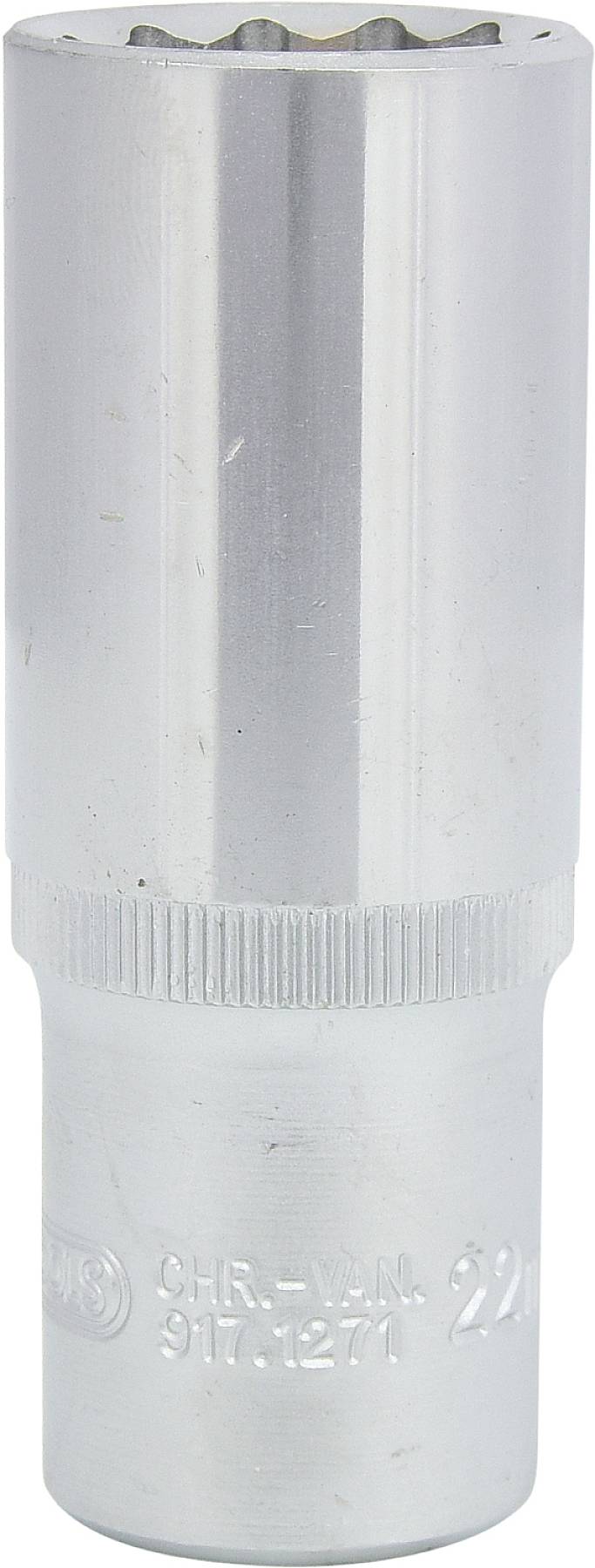 Ein glänzender, silberner Steckschlüssel mit geriffeltem Griff und eingestanzten Markierungen.