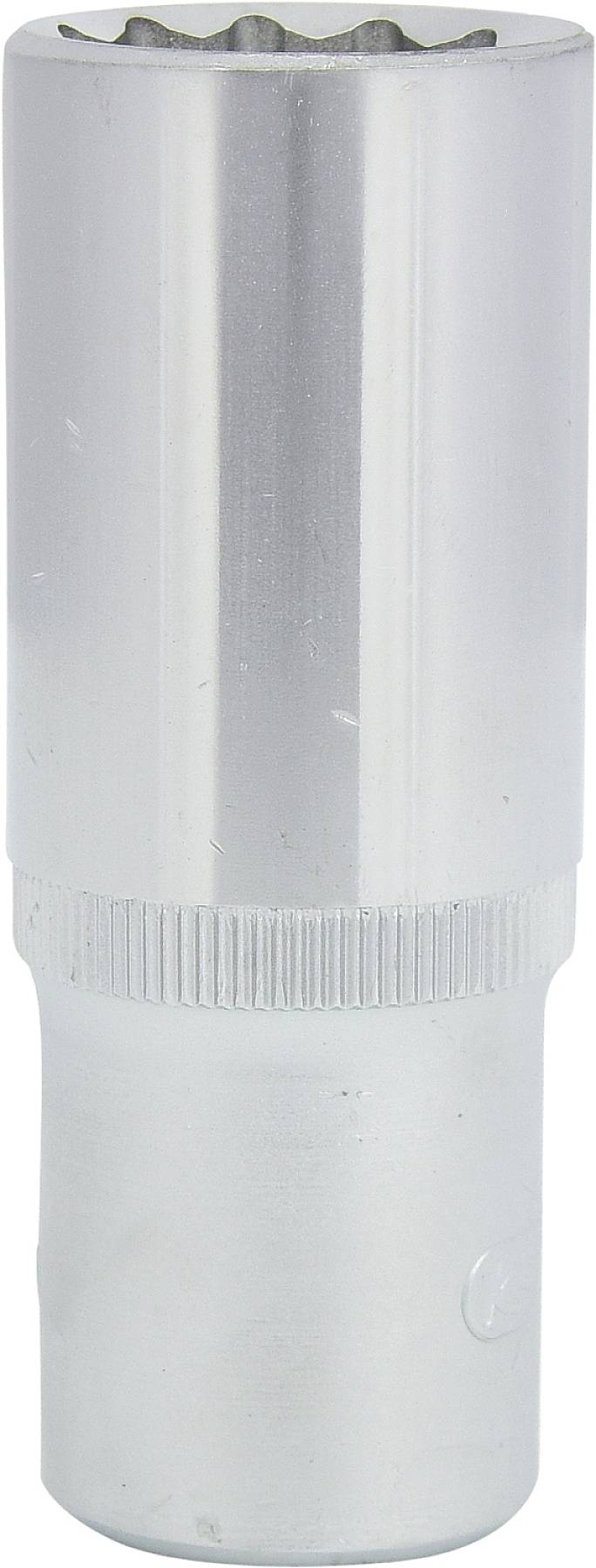 Metallischer Steckschlüsselaufsatz in zylindrischer Form; glatt mit geriffeltem mittlerem Abschnitt.