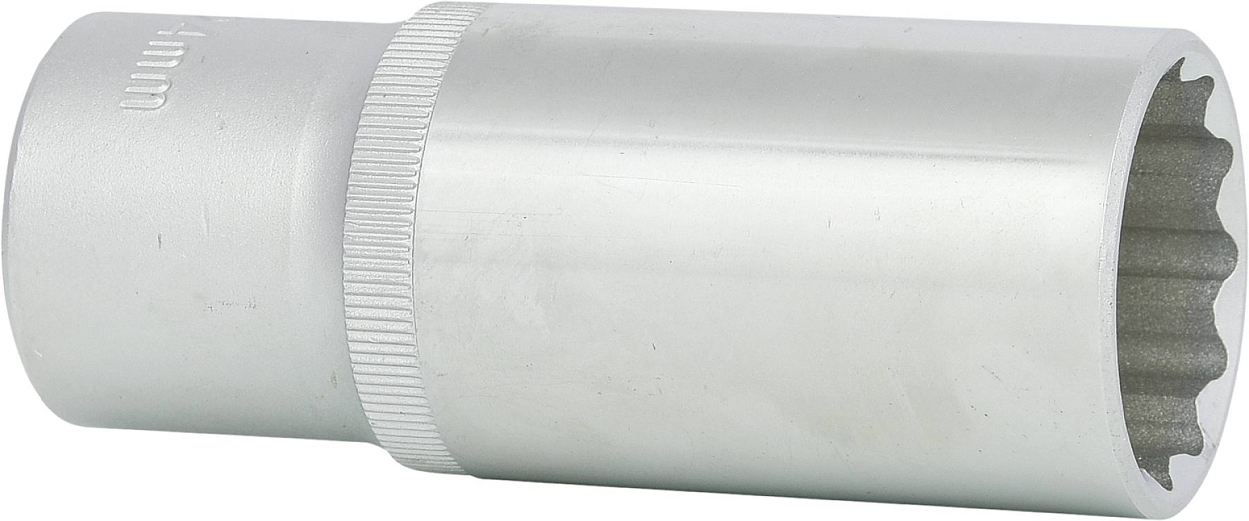 Bild eines silbernen Steckschlüssels mit geriffeltem Griff und Zahnprofil an einem Ende.