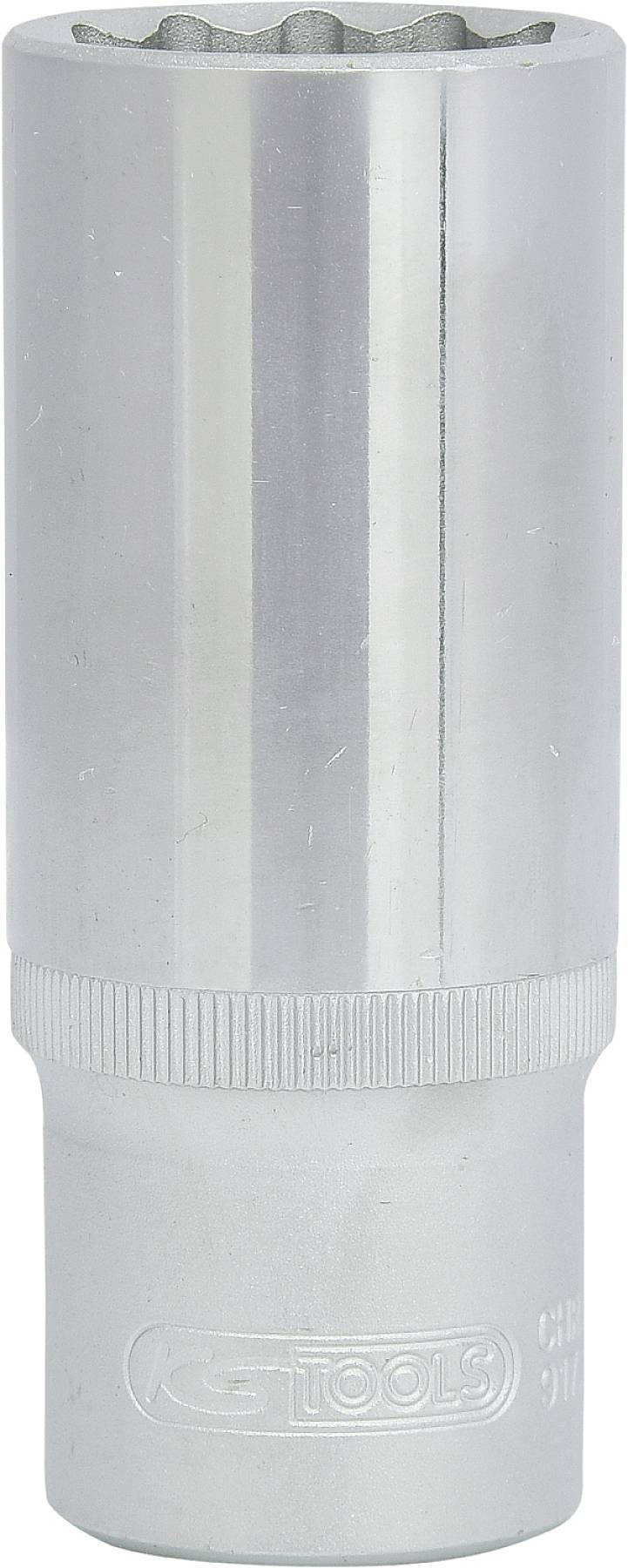 Metallene Sechskant-Stecknuss, glänzend, zeigt silberne Oberfläche mit Riffelung am unteren Ende. Geeignet für Schraubarbeiten.