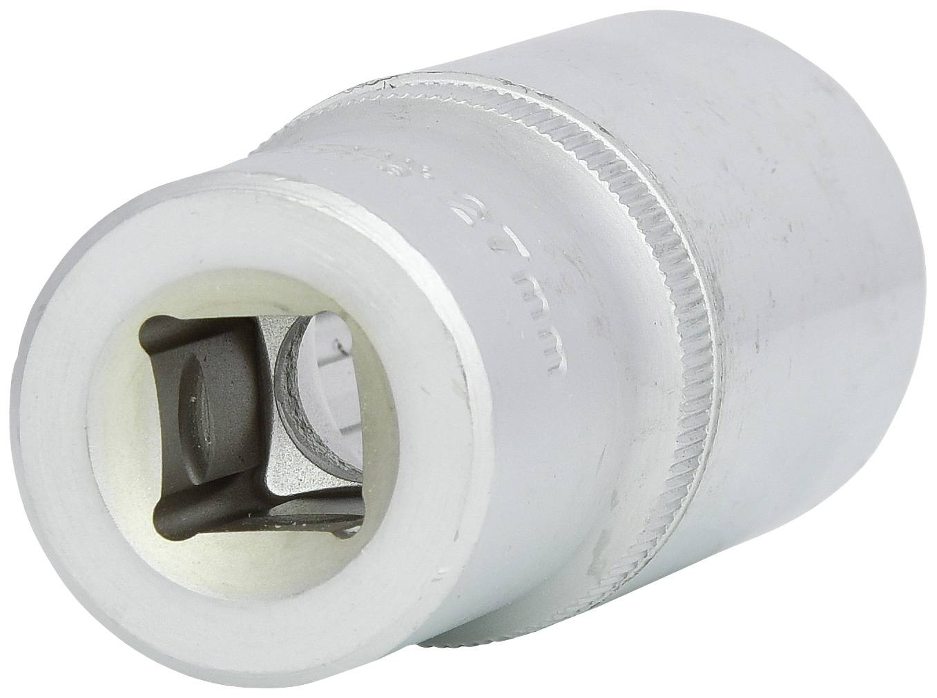 Ein silberfarbener Steckschlüsseleinsatz mit sechskantiger Öffnung, für die Verwendung mit einem passenden Schraubenschlüssel.
