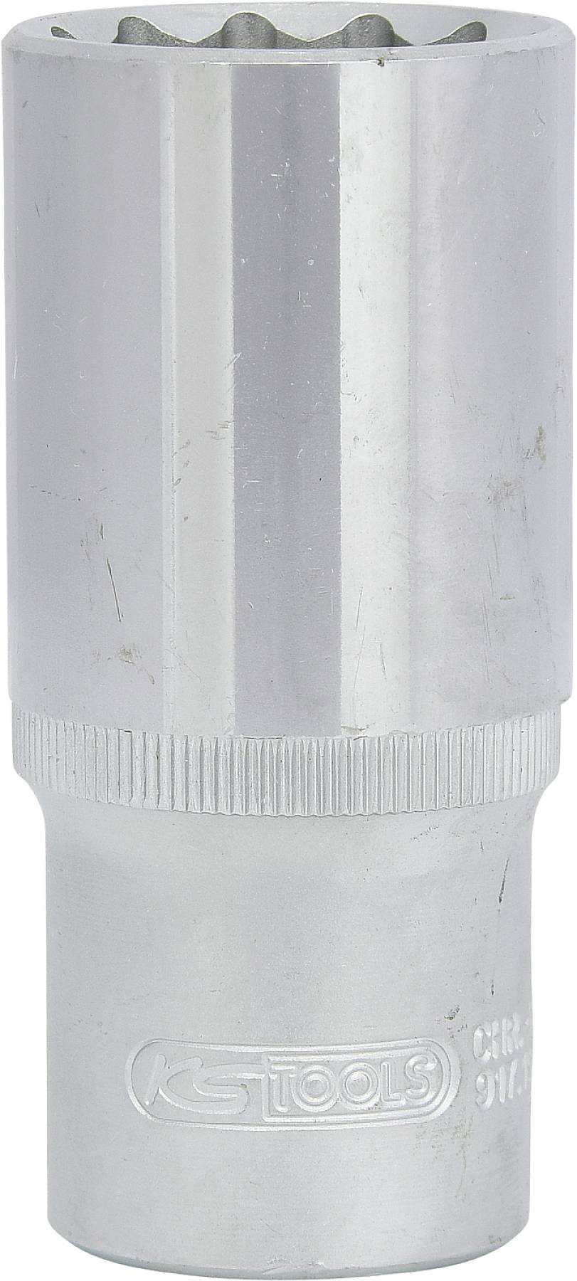 Eine silberne Steckschlüssel-Nuss mit runder Form und geriffeltem Griff. Text auf der Seite: 'KS Tools'. Werkzeug zur Befestigung.