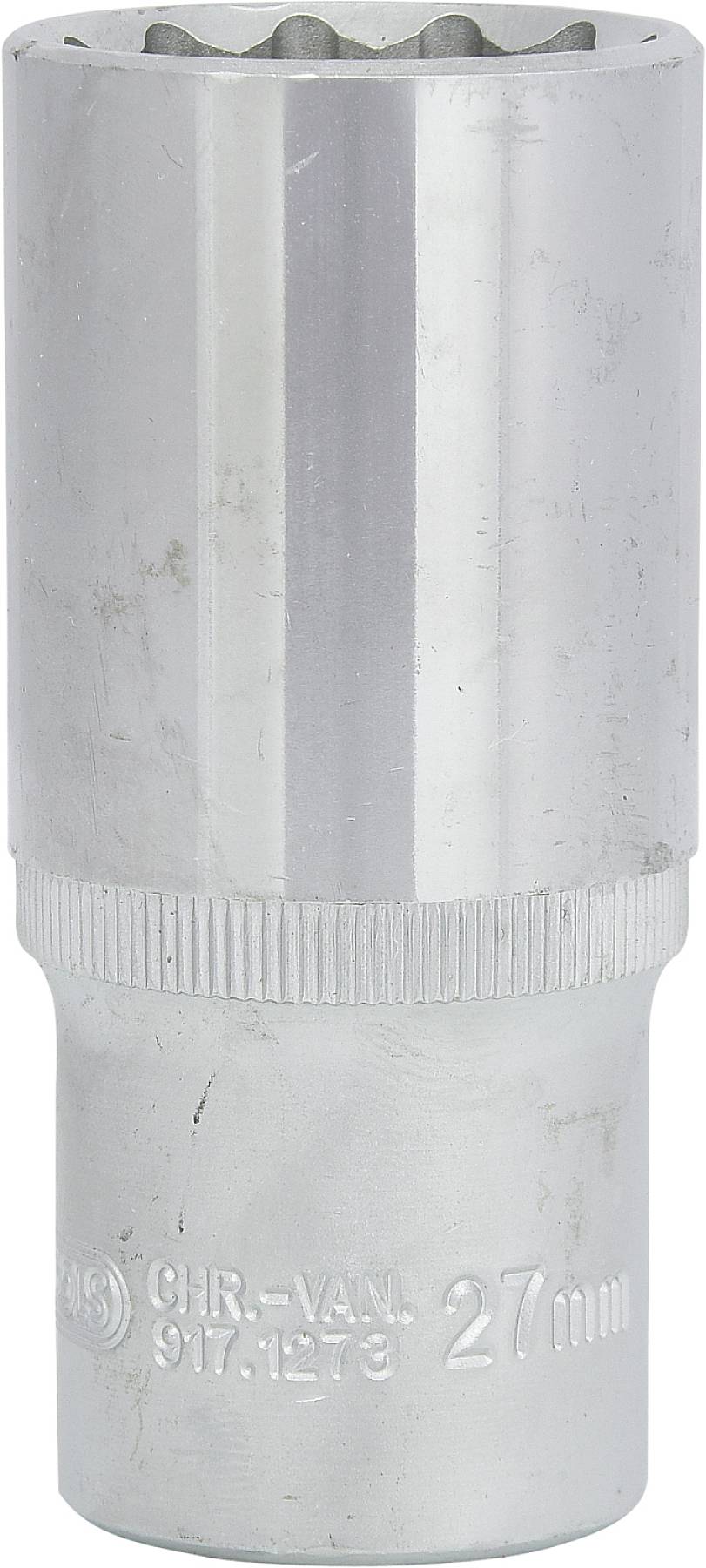 Metallschraubenschlüsselaufsatz mit 27 mm Durchmesser, verchromt.