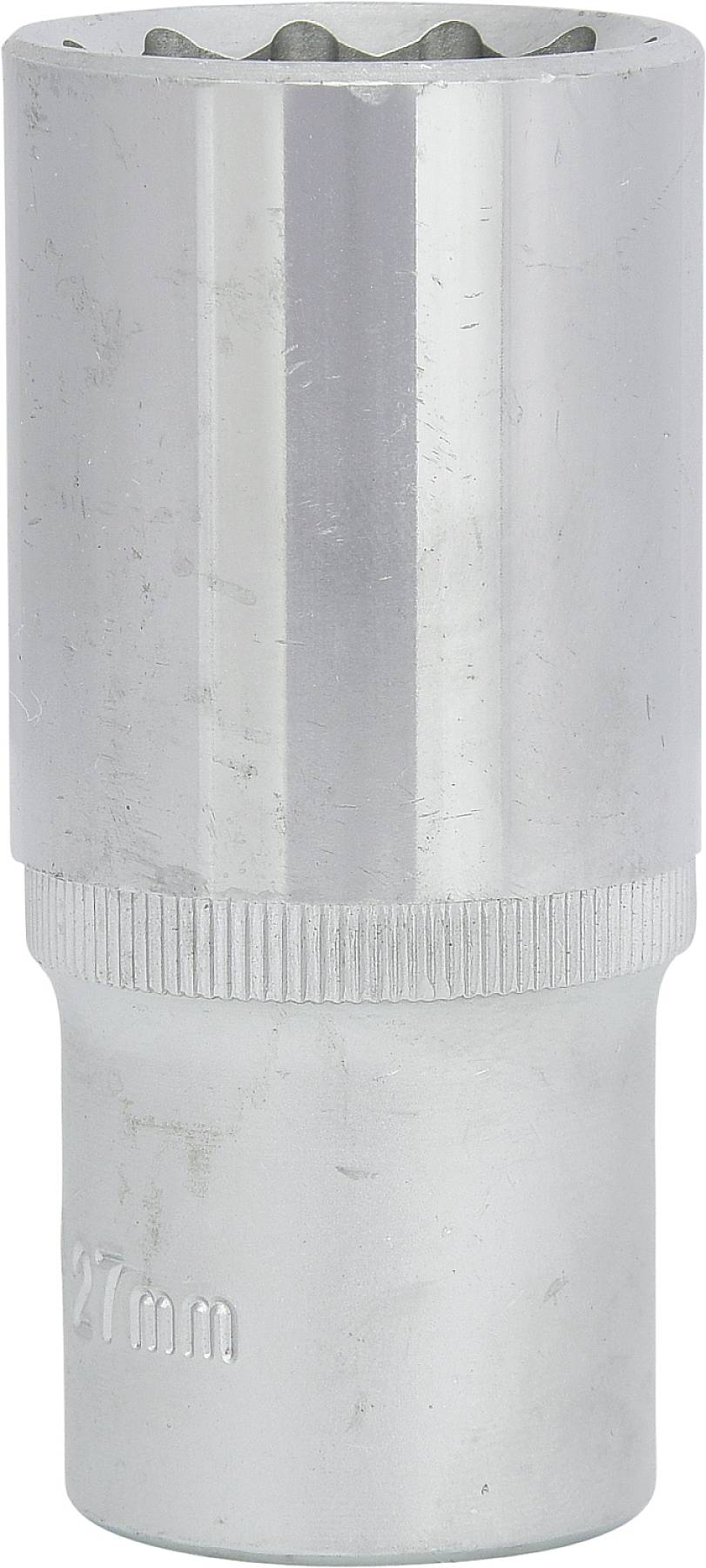 Eine 27-mm-Stecknuss aus Metall vor einem neutralen Hintergrund. Verwendet zum Festziehen oder Lösen von Schrauben und Muttern.