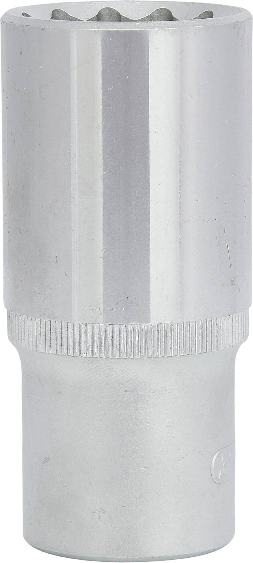 Ein silberner Steckschlüssel-Aufsatz in zylindrischer Form, geeignet für den Einsatz mit einem Schraubenschlüssel oder Ratsche.