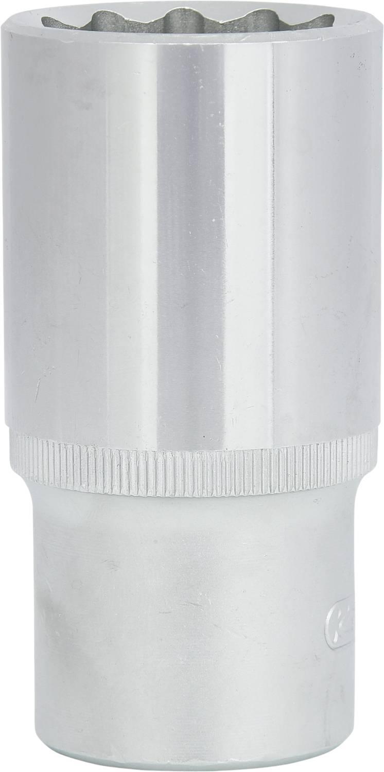 Ein silberner Steckschlüssel mit geriffelter Oberfläche. Verwendet für das Drehen von Schrauben und Muttern.