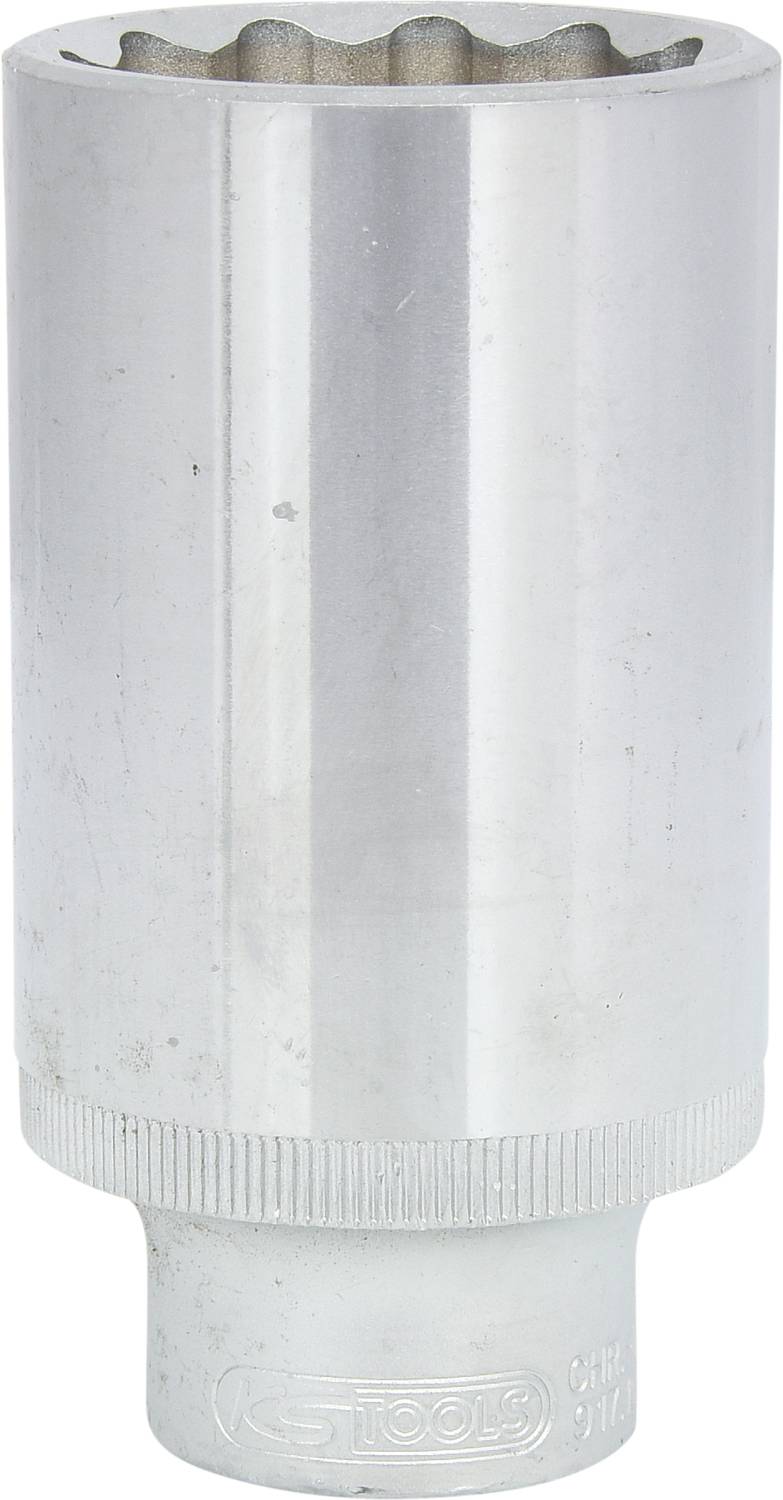 Ein silberfarbener Schraubenschlüssel-Aufsatzzylinder mit gezackter Öffnung, geeignet für schwere Werkzeugeinsatz.