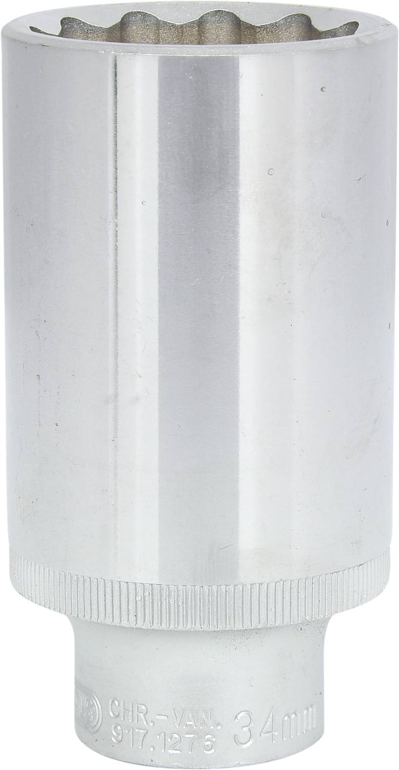 Metall-Steckschlüssel, 34 mm, sechskantig, in silberner Farbe.