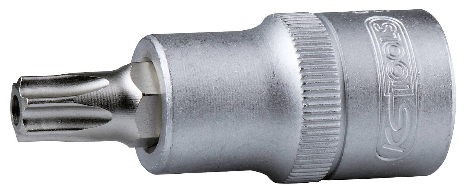 Ein silberner Torx-Bit mit Spannfassung, geeignet für die Verwendung mit einem Steckschlüsselsatz zum Anziehen von Torx-Schrauben.