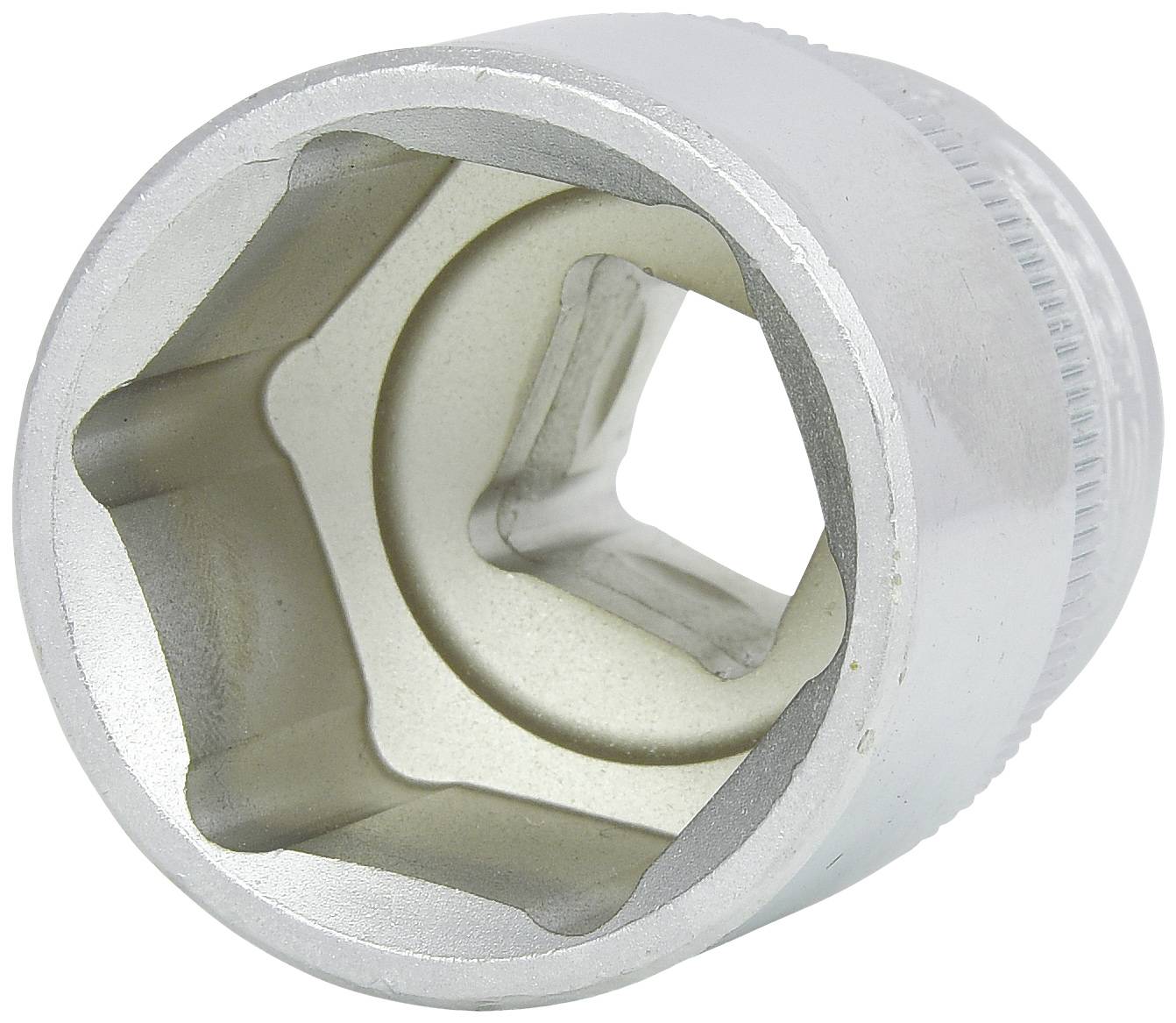 Ein silberner Steckschlüssel mit einer sechseckigen Öffnung, verwendet zum Anziehen oder Lösen von Schrauben und Muttern.