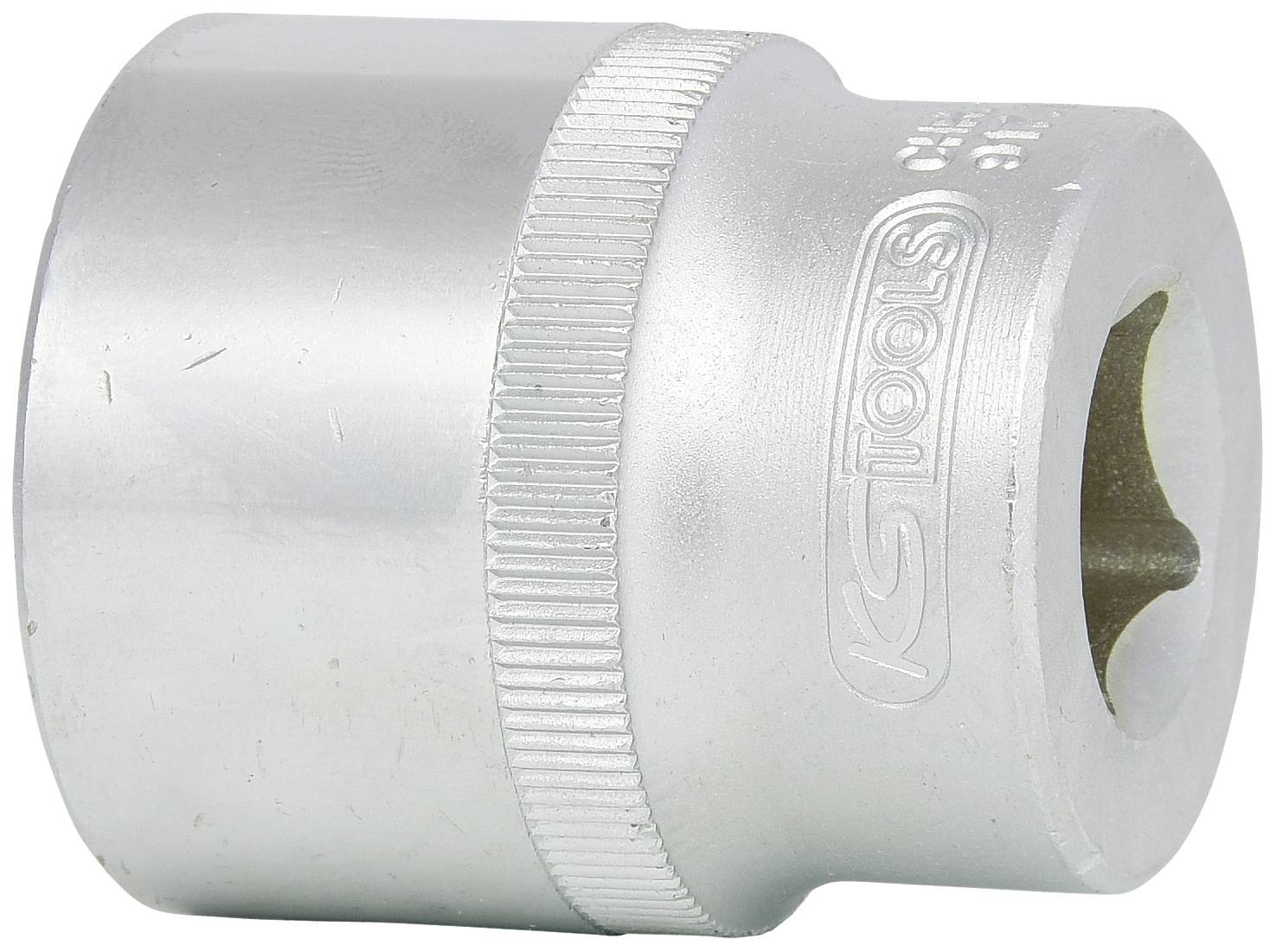 Metallene Stecknuss mit Rillenmuster und Prägung 'KS Tools', zylinderförmig. Wird für Schraubarbeiten verwendet.