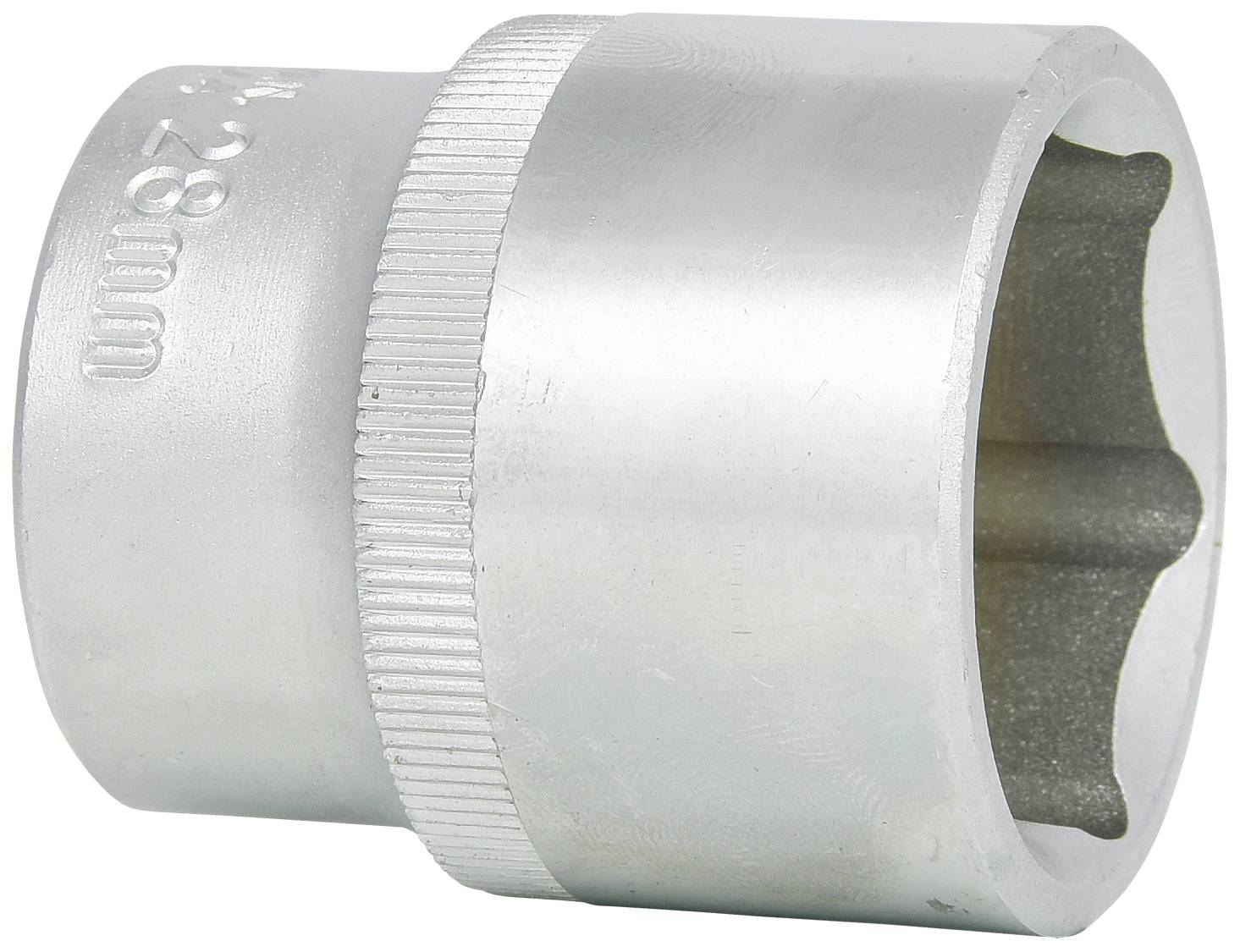 Großer Sechskant-Steckschlüsseleinsatz aus Metall mit 28 mm Prägung, seitlich. Wird für das Lösen oder Festziehen von Muttern/Schrauben verwendet.