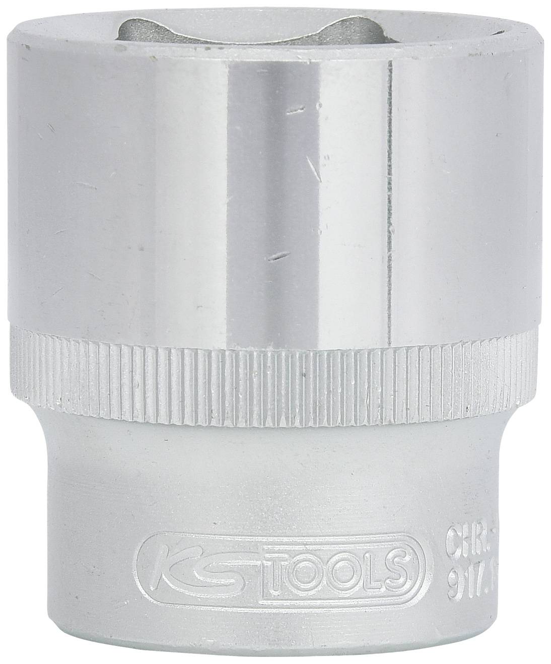 Metall-Steckschlüssel, glänzend, mit geriffeltem Griffbereich. 'KS TOOLS' und Modellnummer sind auf der unteren Seite eingraviert.