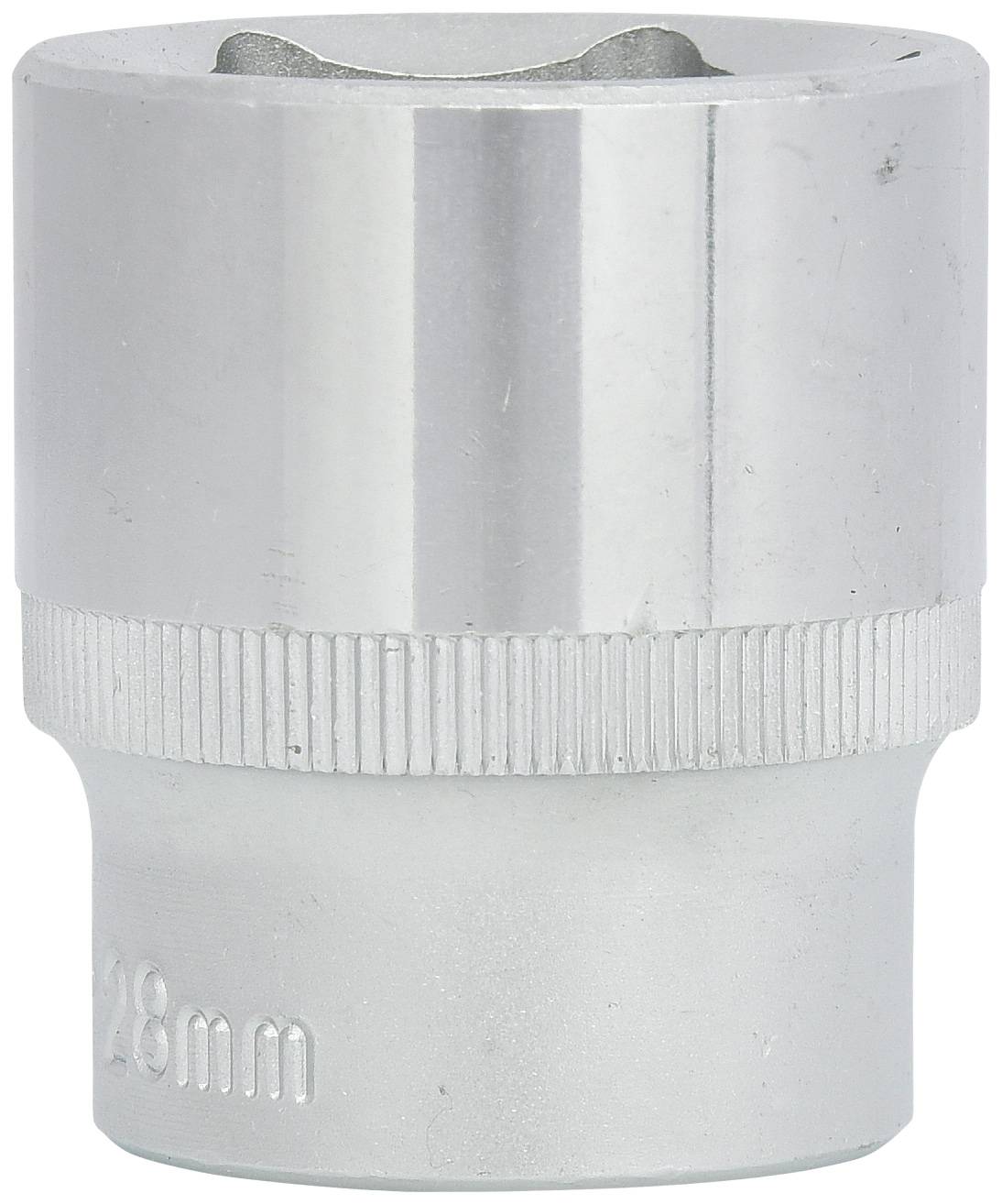 Metallene Stecknuss, glänzend mit geriffeltem Griff, graviert mit '28mm', für mechanische Reparaturen oder Montagearbeiten.