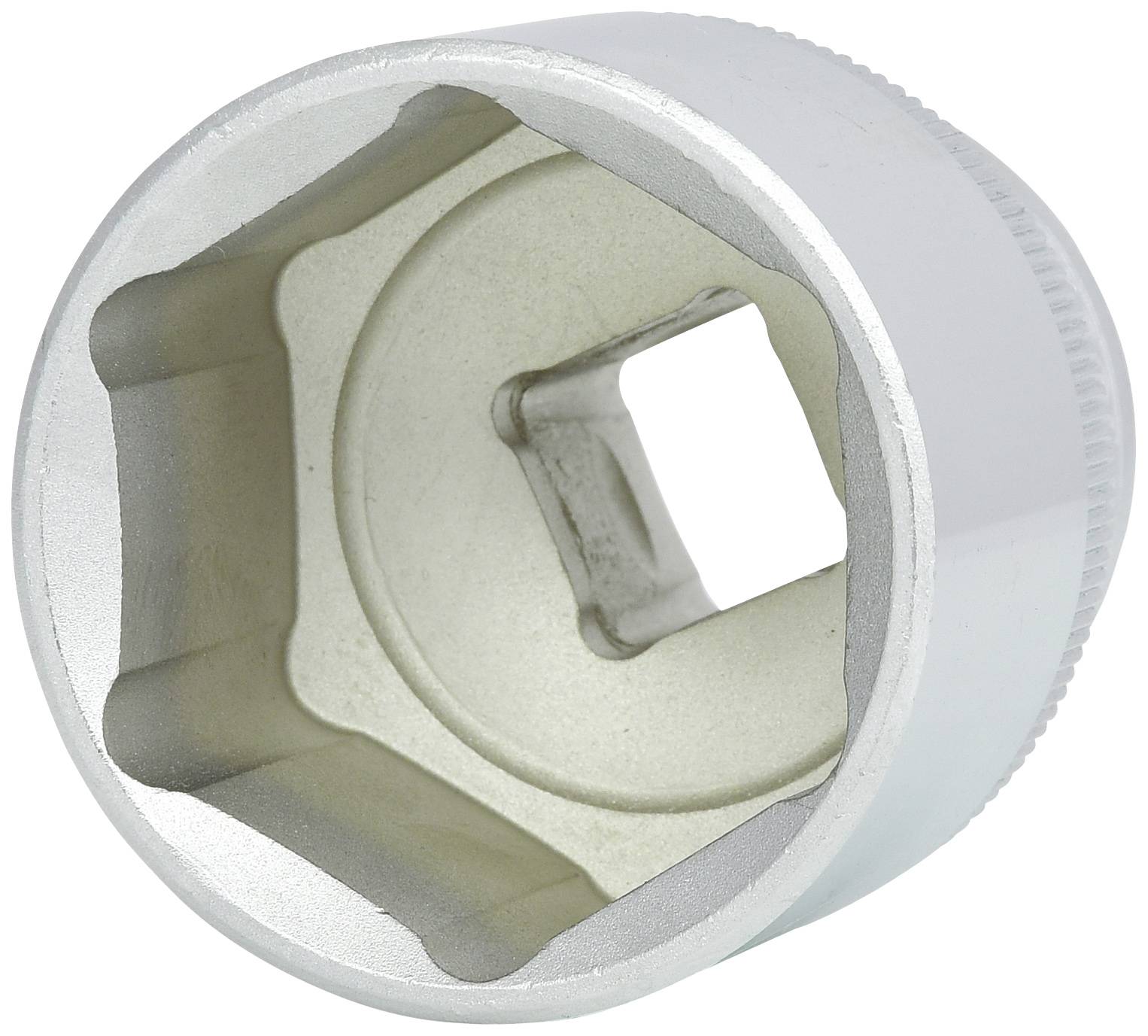 Ein silberner Steckschlüssel-Aufsatz mit sechseckiger Öffnung, von oben betrachtet. Geeignet für Schrauben und Muttern.