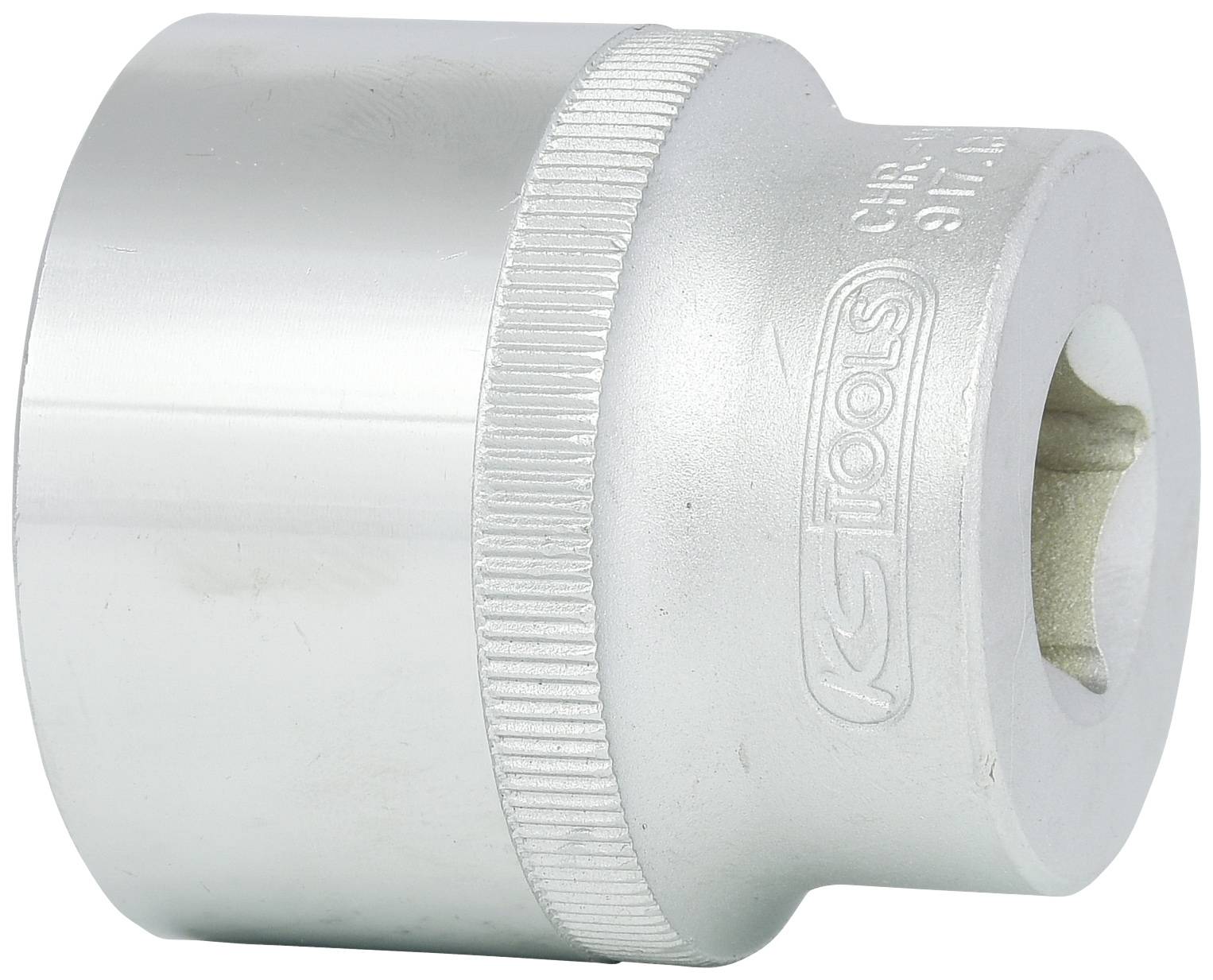 Silberne Stecknuss mit geriffeltem Rand, verwendet für Werkzeuge zur Befestigung von Schrauben oder Muttern.