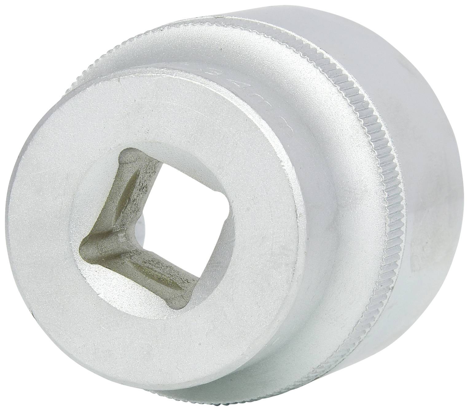Silberfarbene Radmutterbuchse mit quadratischem Innenprofil und gerändeltem Rand, geeignet für Werkzeuge im Kfz-Bereich.