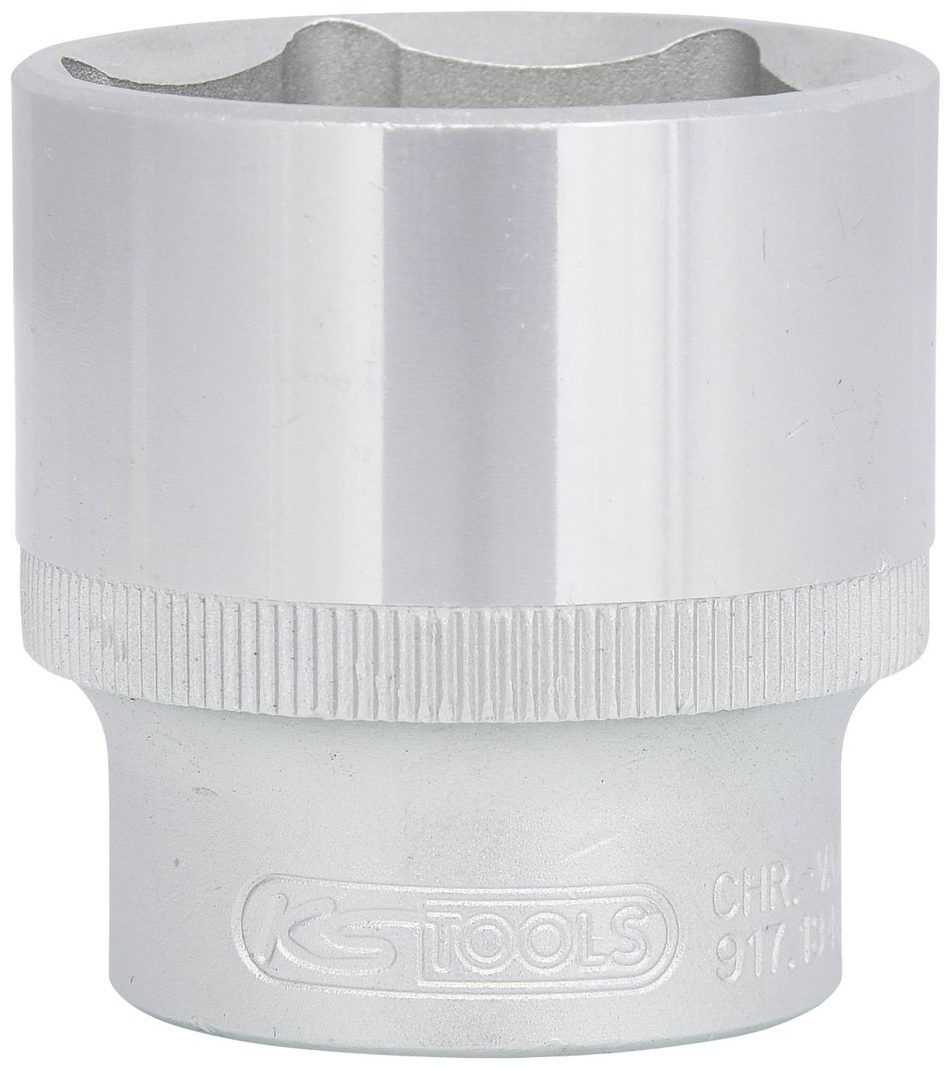 Stecknuss aus silbernem Metall mit geriffeltem Rand und Markierung 'KS TOOLS' darunter.
