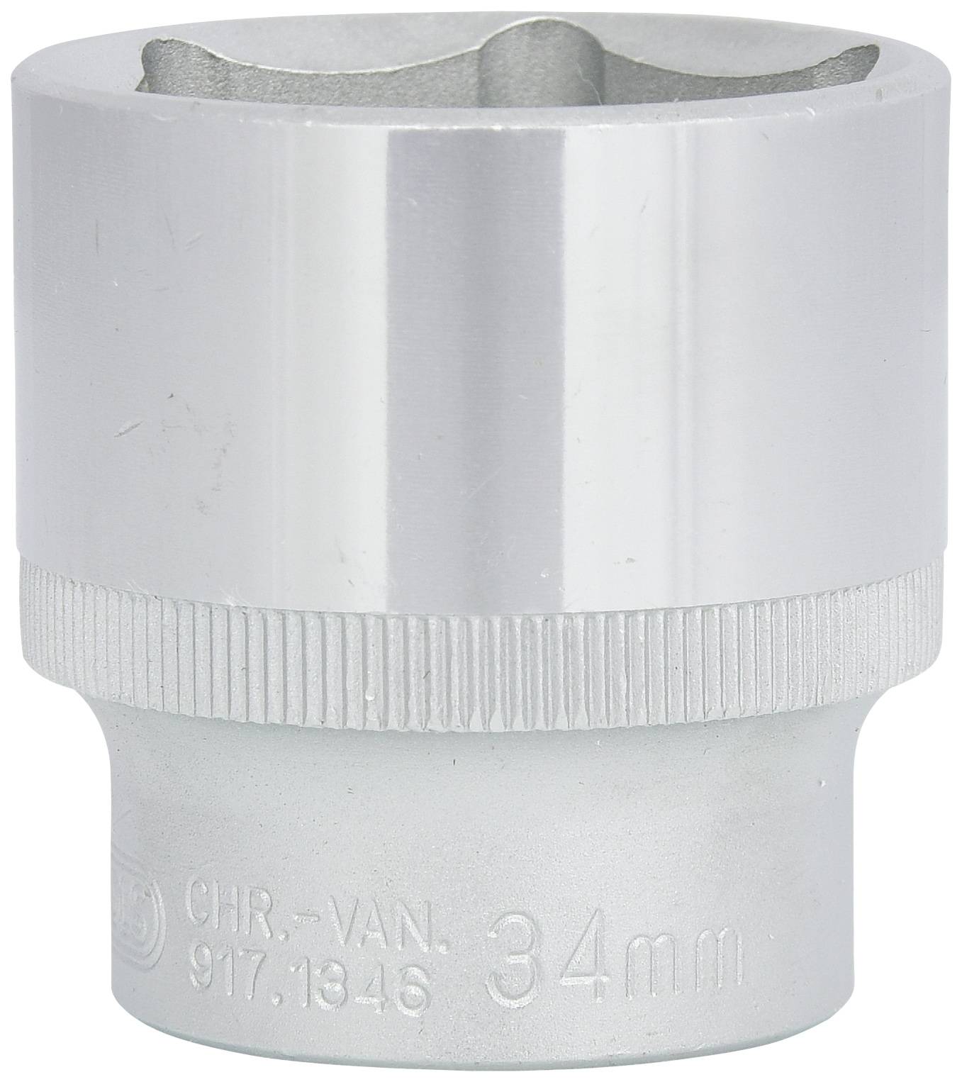 Silberne Stecknuss mit 34 mm Größe, glatt glänzende Oberfläche, geriffelte Mitte für besseren Halt, eingeprägte Zahlen und Buchstaben.