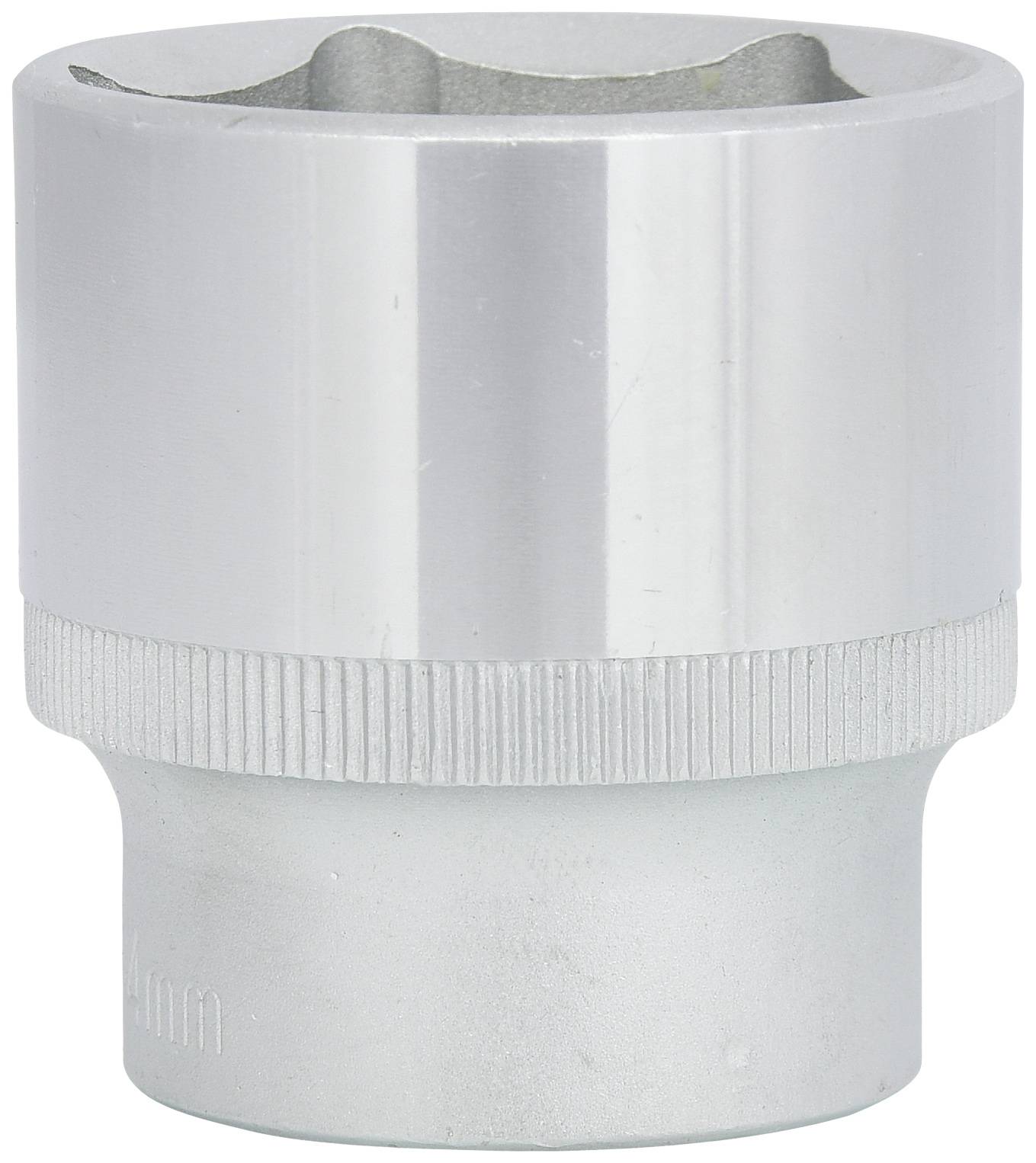 Eine silberne Stecknuss, zylindrisch mit geriffeltem Mittelteil. Verwendet zur Drehmomentübertragung auf Schraubenmuttern.