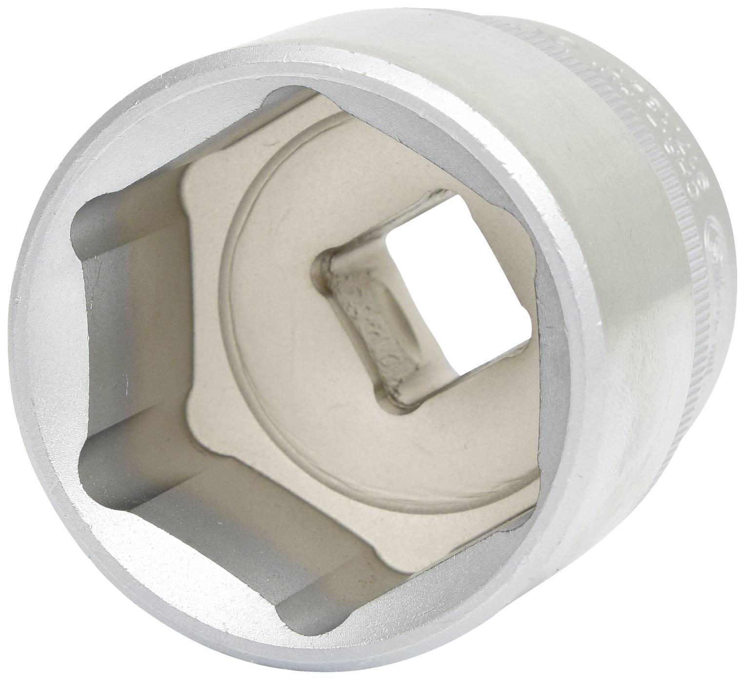 Ein silberner Steckschlüsseleinsatz mit sechseckiger Öffnung, geeignet zum Anziehen oder Lösen von Schrauben und Muttern.