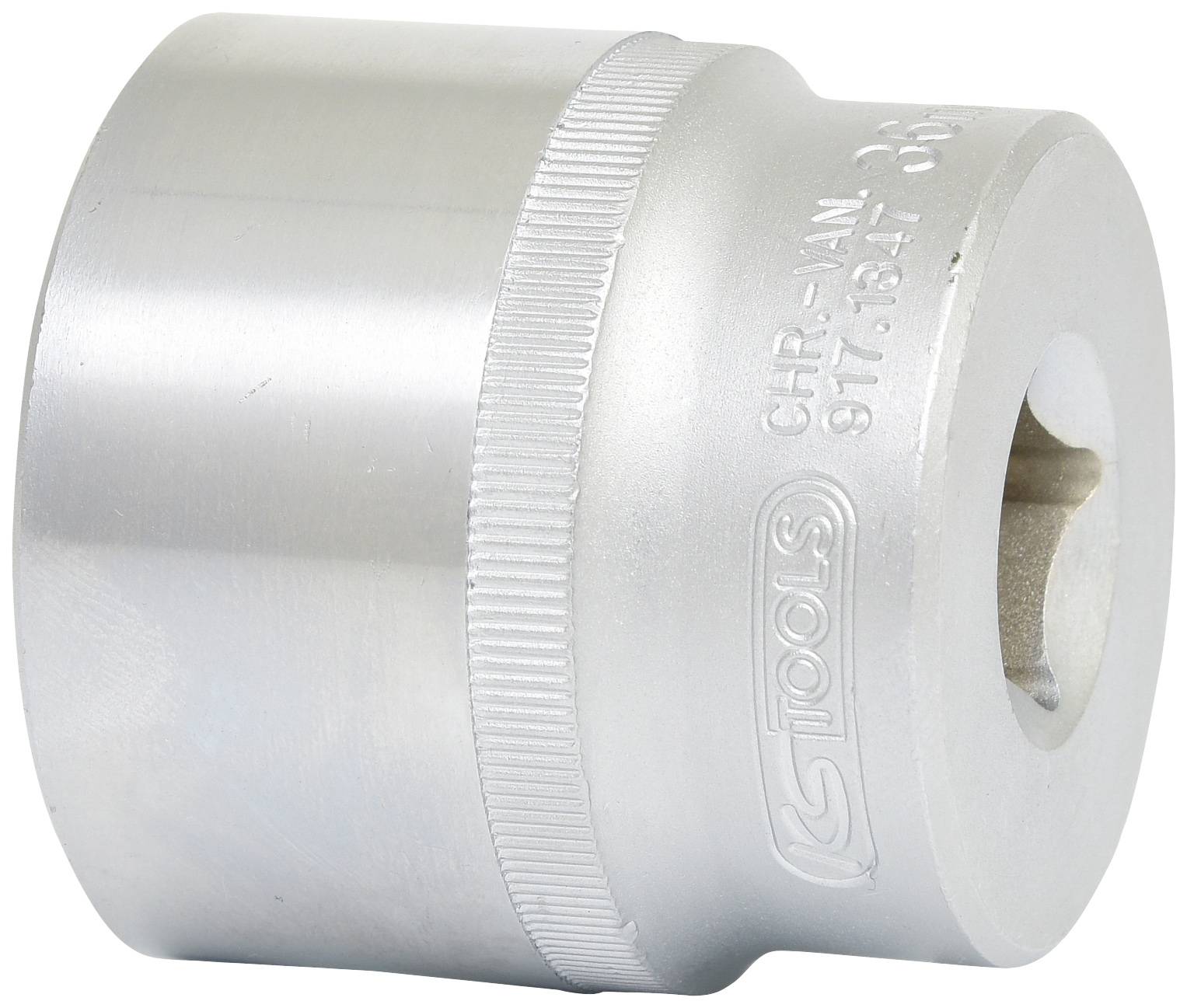 Metallschraubwerkzeug, zylindrisch, silbern, mit verzahnter Kante am breiteren Ende und quadratischem Einsatz für Schraubendreher.