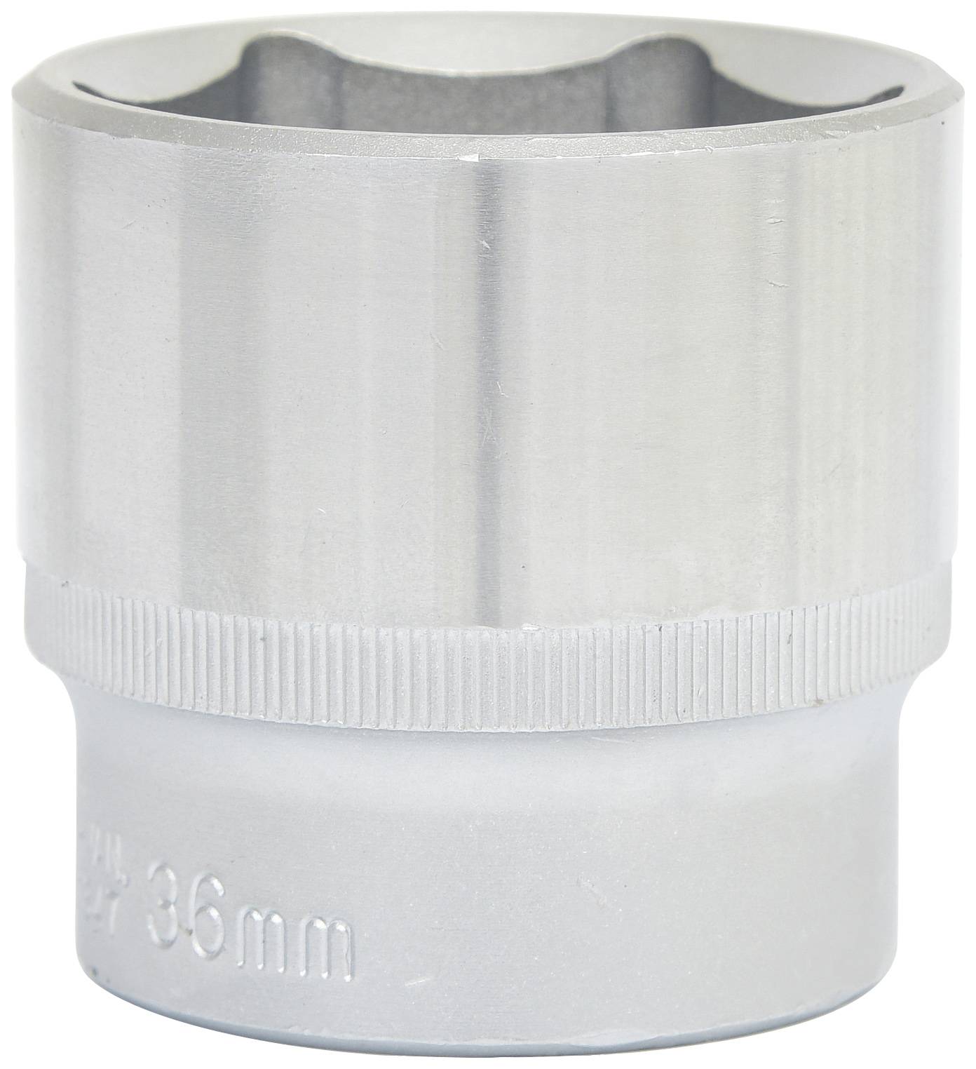 Ein silberner Steckschlüsseleinsatz mit der Größe 36 mm, zylindrische Form, glatt mit geriffeltem Rand für besseren Halt.