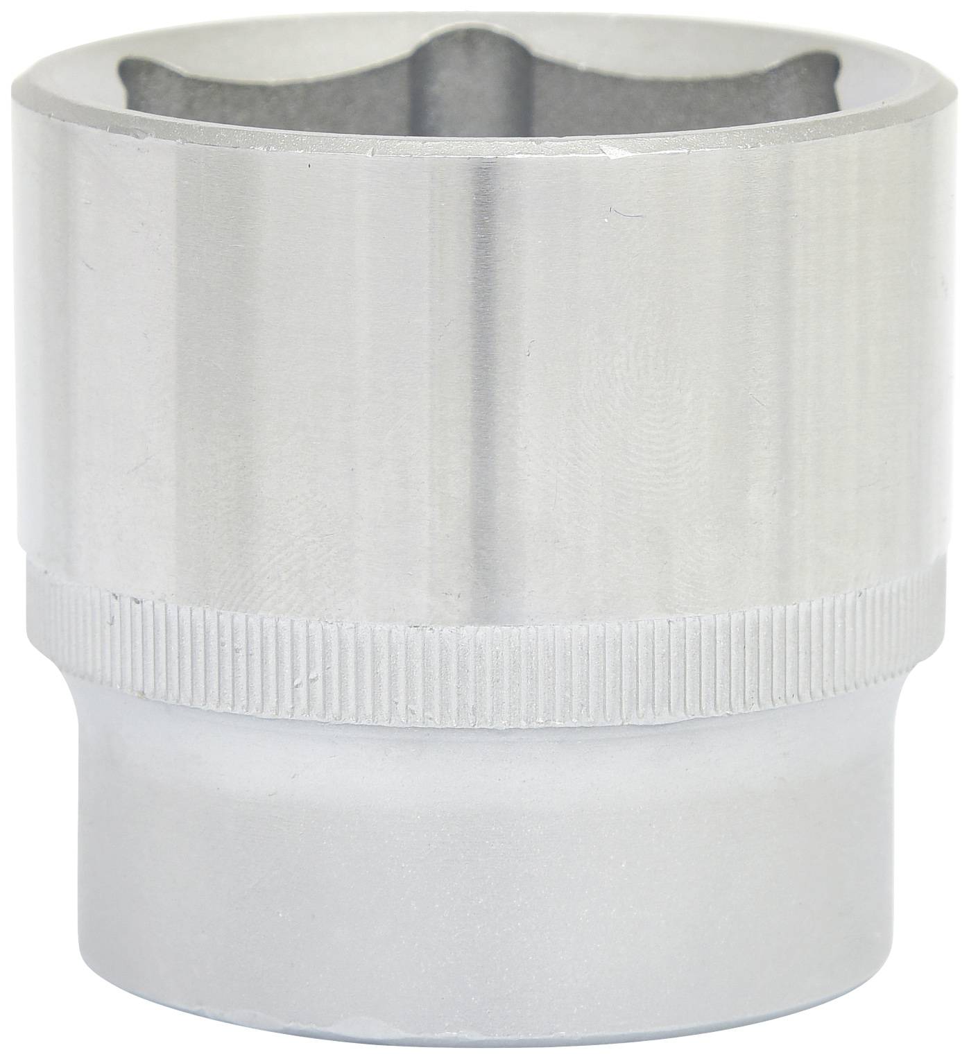 Metallischer Steckschlüssel-Aufsatz, zylindrisch geformt, mit geriffeltem Rand für besseren Halt, verwendet für Schraubarbeiten.