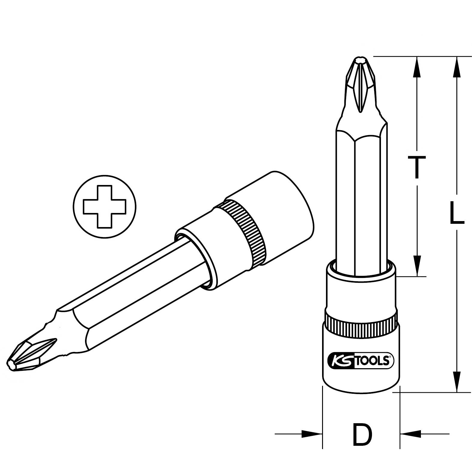 Abbildung eines Kreuzschlitz-Schraubenziehers mit den Maßen T (Länge) und D (Durchmesser), mit KS Tools-Logo.