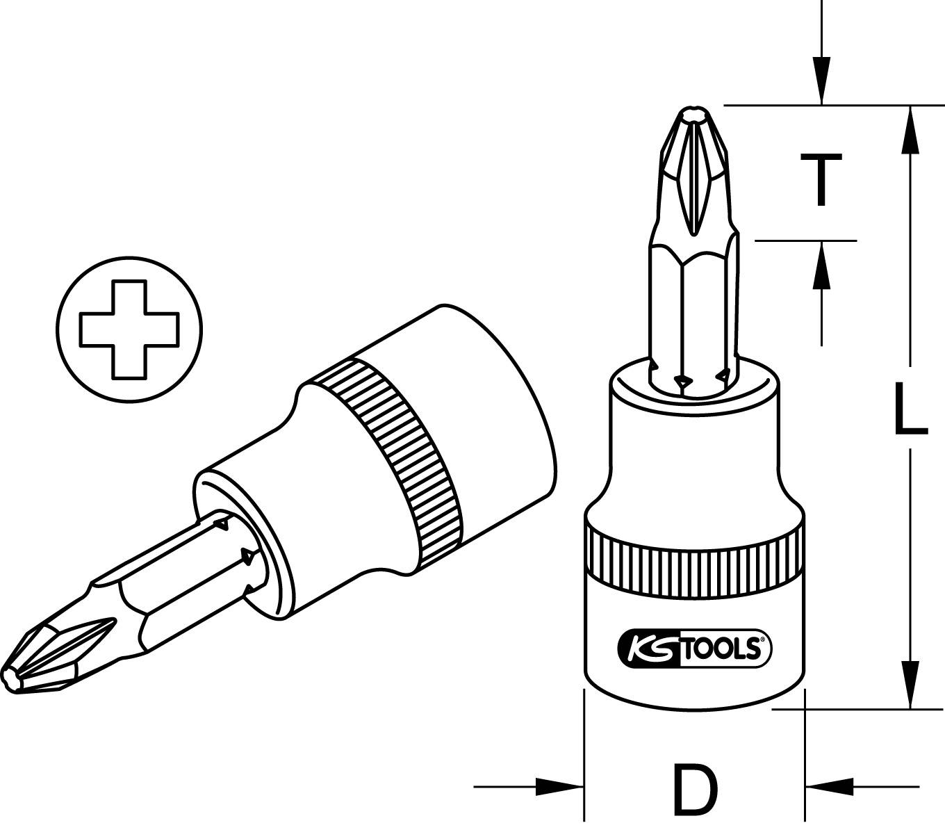 KS Tools-Schraubendreheraufsatz-Zeichnung: zeigt Kreuzschlitzbit-Design mit Maßen L (Länge), D (Durchmesser), T (Tiefe) und Bit-Symbol.