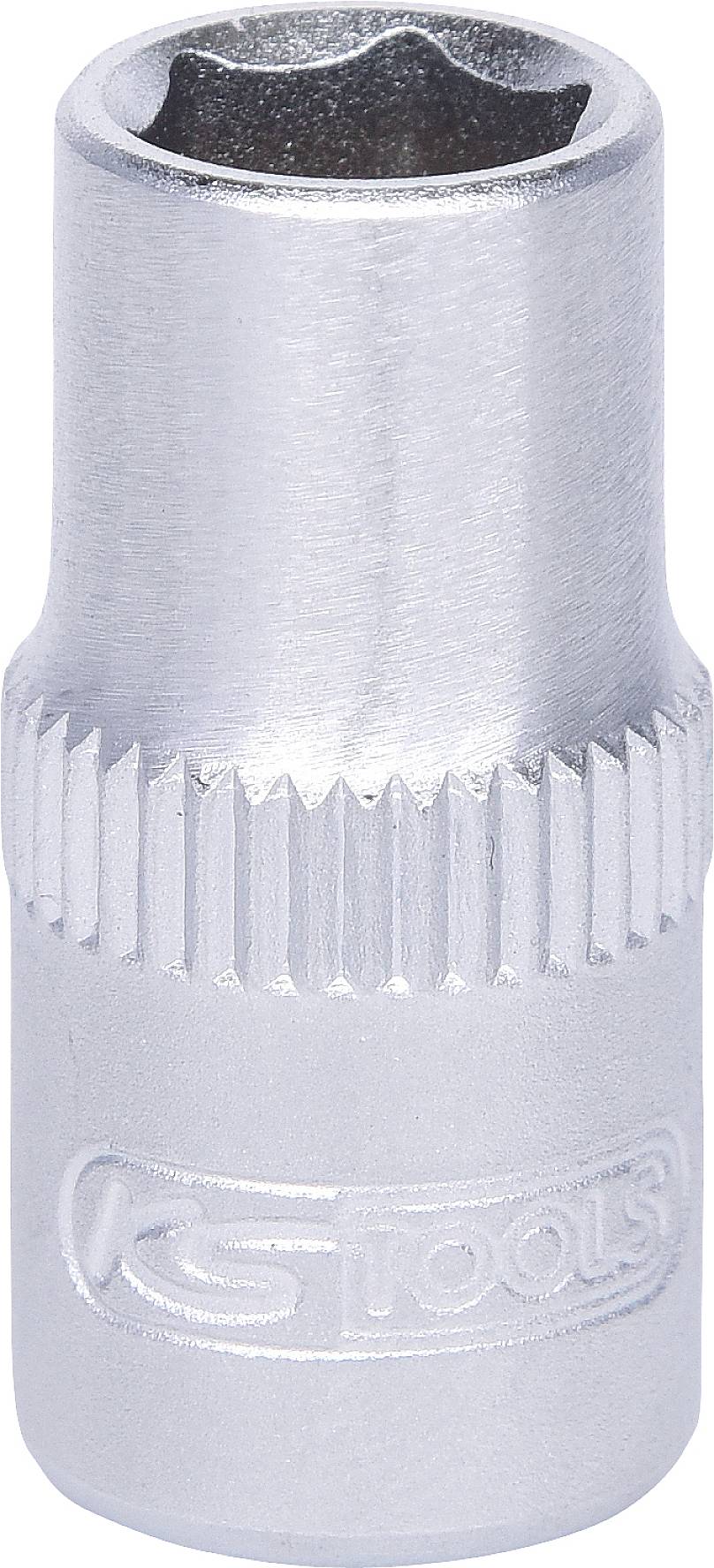 Eine silberne Stecknuss, vermutlich für Schraubarbeiten, mit geriffeltem Griffbereich und graviertem Logo.