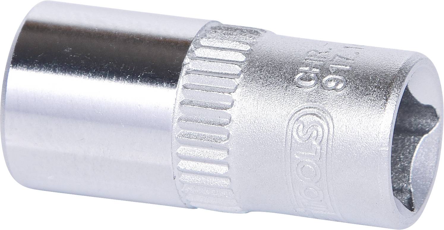 Silberne Stecknuss, zylindrisch mit geriffeltem Griff, verwendet für Steckschlüsselsätze. Links offen, rechts mit Mehrkantprofil.