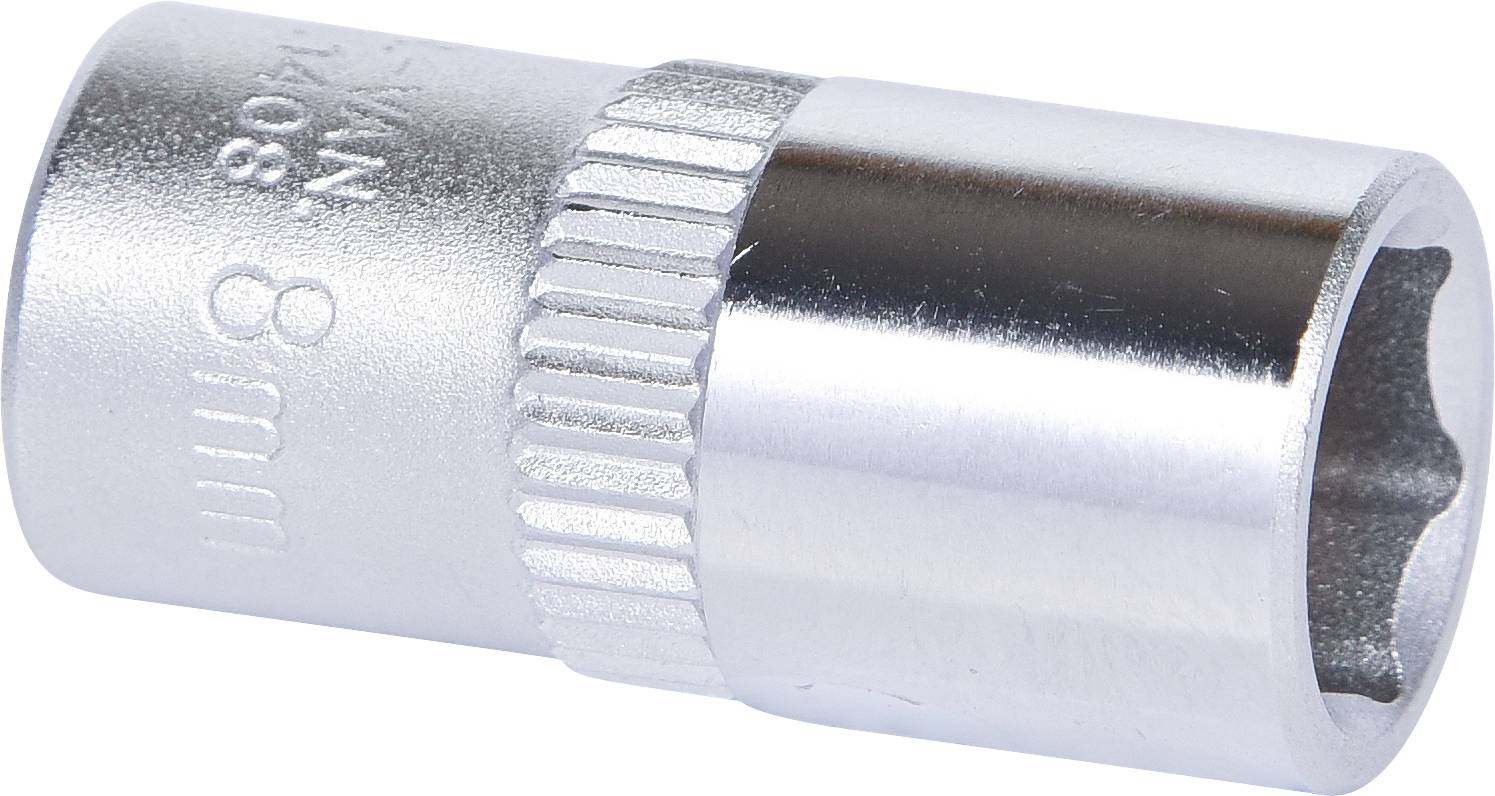 Metallische Stecknuss mit gerändelter Oberfläche und eingravierter Größenangabe '8 mm', geeignet für Schraubanwendungen.