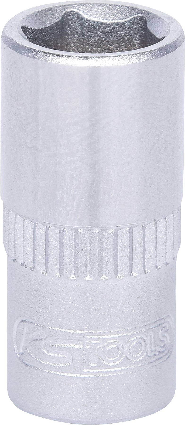 Ein silberner Steckschlüsselaufsatz mit sechseckiger Öffnung und Rillen für besseren Halt.